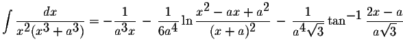 $\displaystyle \int\displaystyle \frac{dx}{x^{\displaystyle2}(x^{\displaystyle3}...
...qrt{3}}\tan^{\displaystyle-1}\displaystyle \frac{2x-a}{a\displaystyle \sqrt{3}}$