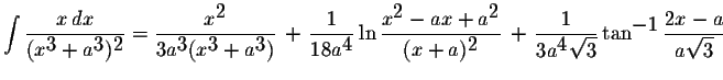 $\displaystyle \int\displaystyle \frac{x\,dx}{(x^{\displaystyle3}+a^{\displaysty...
...qrt{3}}\tan^{\displaystyle-1}\displaystyle \frac{2x-a}{a\displaystyle \sqrt{3}}$