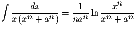 $\displaystyle \int\displaystyle \frac{dx}{x\left(x^{\displaystyle n}+a^{\displa...
...isplaystyle \frac{x^{\displaystyle n}}{x^{\displaystyle n}+a^{\displaystyle n}}$