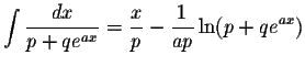 $\displaystyle\int\displaystyle \frac{dx}{p+qe^{ax}}=\displaystyle \frac{x}{p}-\displaystyle \frac{1}{ap}\ln (p+qe^{ax})$