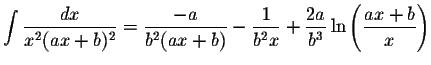 $\displaystyle \int\displaystyle \frac{dx}{x^{2}(ax+b)^{2}}=\displaystyle \frac{...
...2}x}+\displaystyle \frac{2a}{b^{3}}\ln\left(\displaystyle \frac{ax+b}{x}\right)$