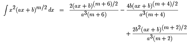 $\begin{array}{lcl}
\displaystyle \int x^{\displaystyle2}(ax+b)^{\displaystyle m...
...splaystyle2}(ax+b)^{\displaystyle(m+2)/2}}{a^{\displaystyle3}(m+2)}
\end{array}$